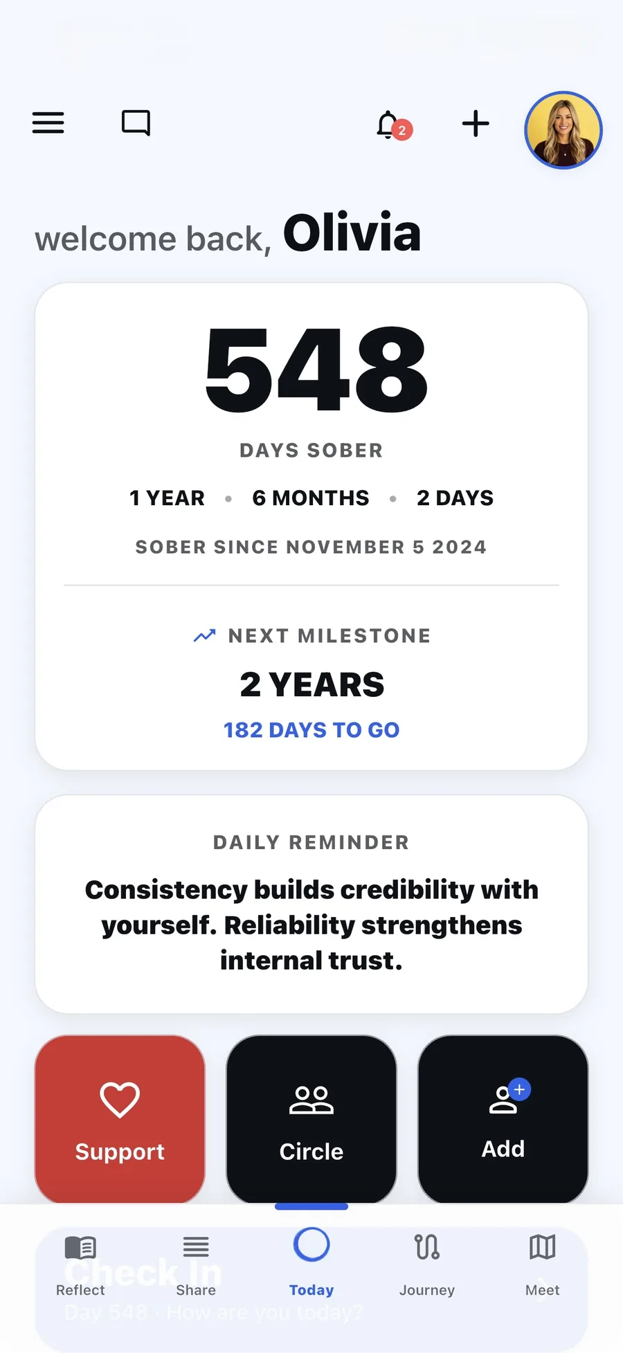 SobrCircle sobriety tracker showing 548 days sober, 1 year 6 months 2 days, and the next milestone of 2 years in 182 days