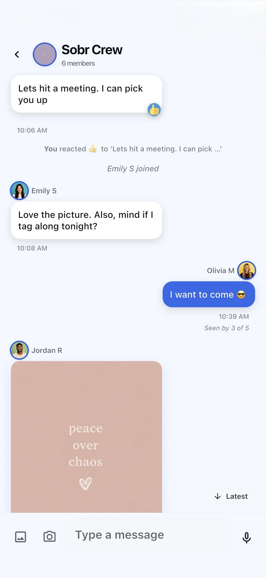 SobrCircle group chat where members plan to go to a meeting together