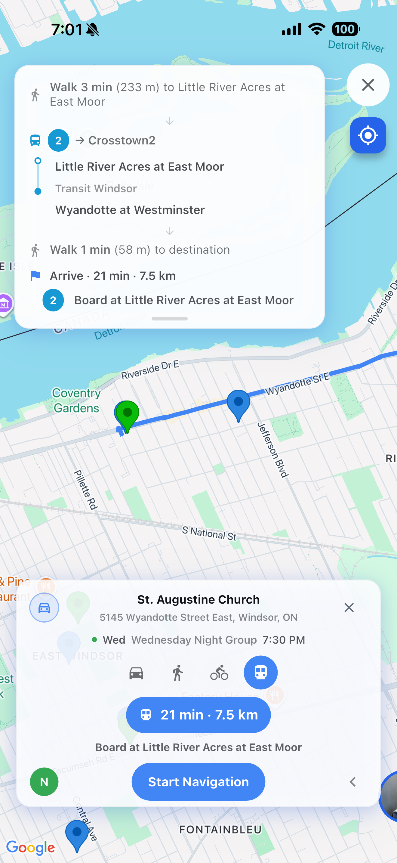 SobrCircle map showing a Wednesday 7:30 PM meeting in Windsor, Ontario, with a transit route, travel time and a Start Navigation button